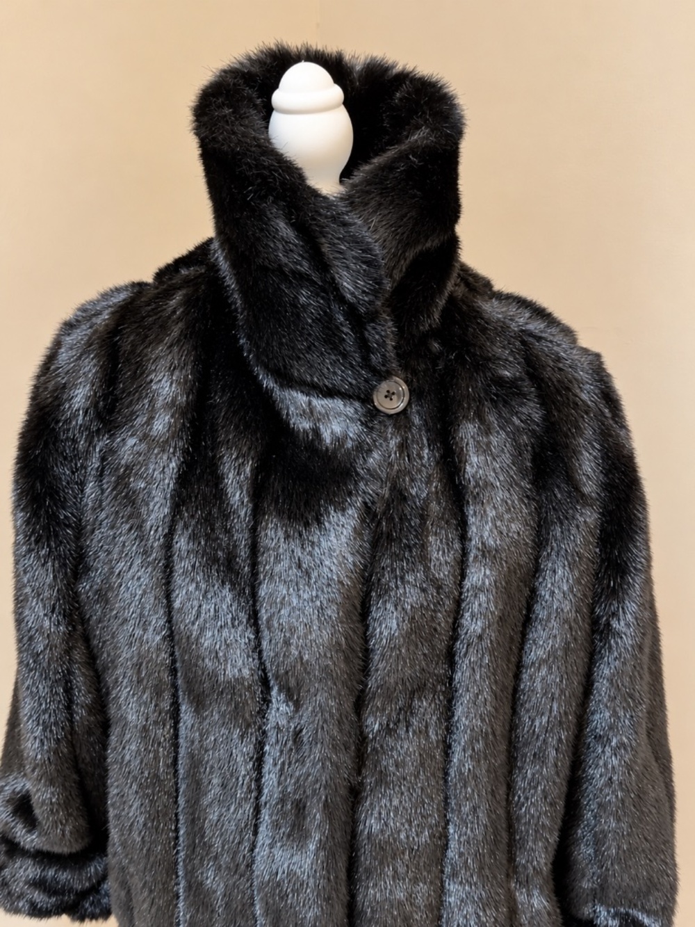 Vintage Dennis Basso Black Faux Mink Fur Coat 1X Plush Glossy Luxury - Picture 4 of 10